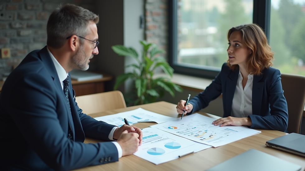 Close-up view of a business consultant discussing plans with a client