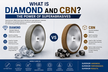 "Diamond vs CBN grinding wheels comparison showing superabrasive materials used for carbide, ceramic, HSS, tool steel and precision grinding applications."