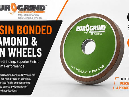 Resin Bond Diamond and CBN grinding wheels infographic highlighting superior surface finish, cool cutting performance, easy dressing, carbide grinding, HSS grinding, and industrial precision grinding solutions.