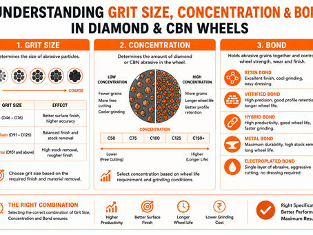 Infographic showing grit size, concentration, and bond types in Diamond and CBN grinding wheels for optimizing wheel life, surface finish, productivity, and grinding efficiency.