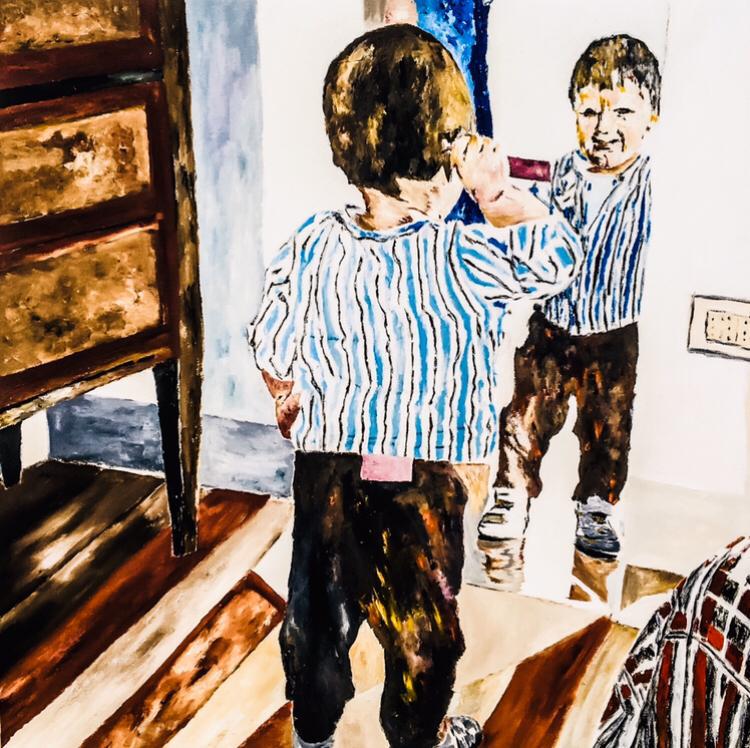 An oil painting of a boy looking himself in the mirror.
