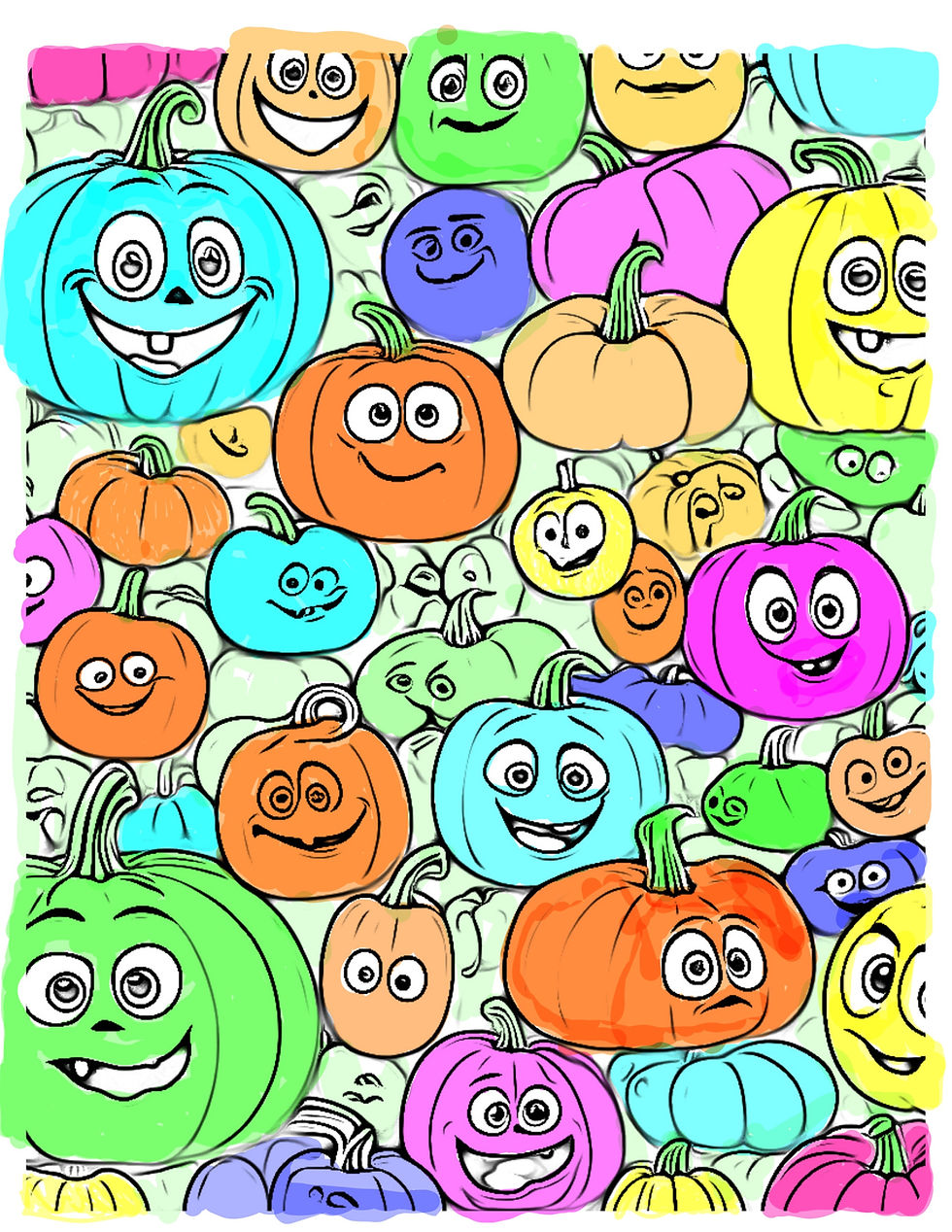Colorful cartoon pumpkins: a fun fall digital coloring page