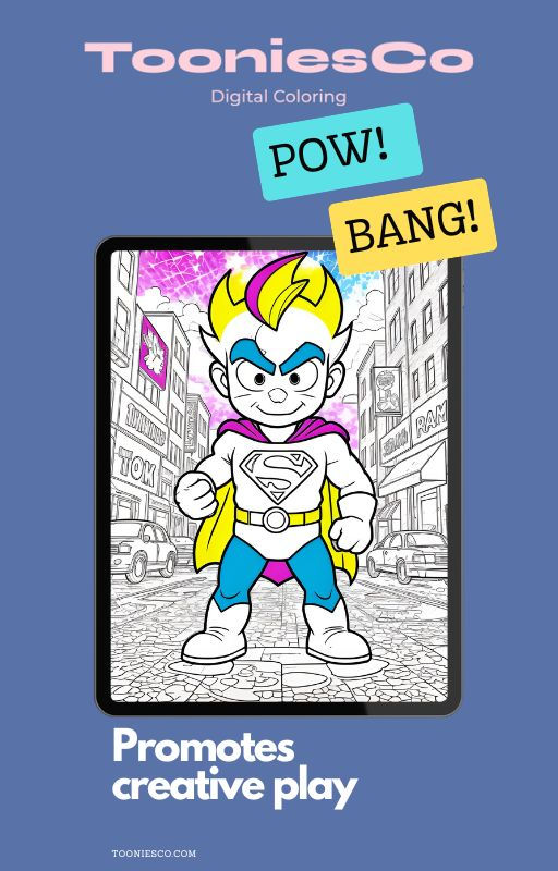 Superhero digital coloring page, Pow! Bang!, TooniesCo