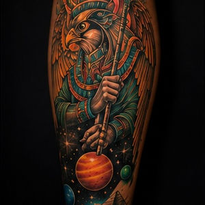 Celestial Horus tattoo with planets and pyramids.