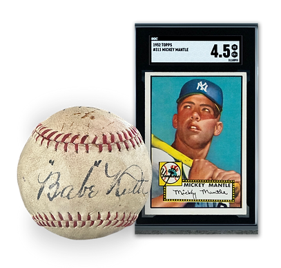 Signed Babe Ruth Baseball and Micky Mantle Baseball Card