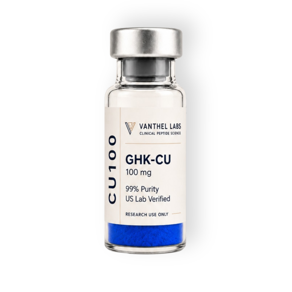 Vial de GHK-Cu 100 mg de Vanthel Labs con polvo azul