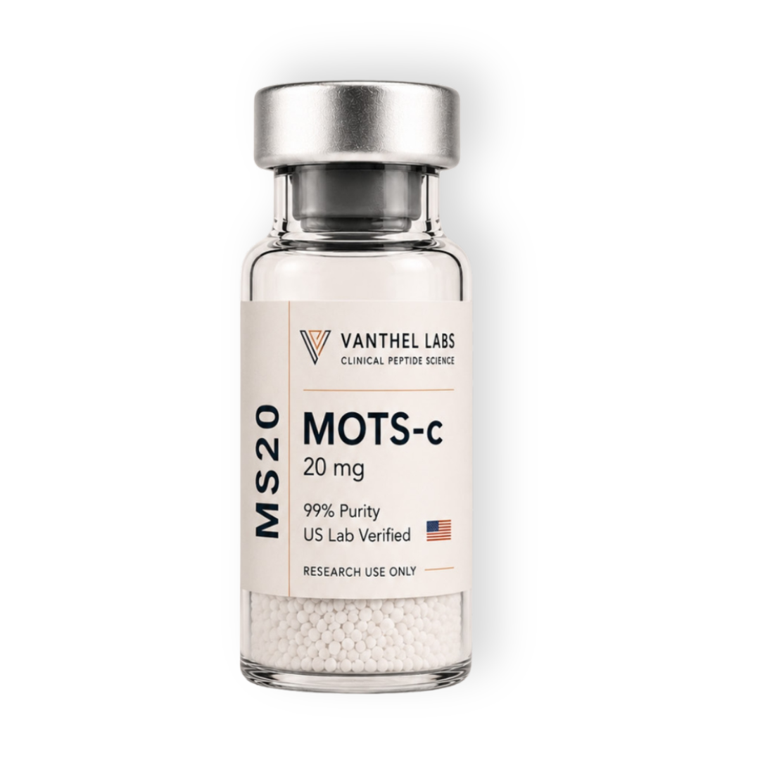 Vial de MOTS-c de 20 mg de Vanthel Labs con polvo liofilizado