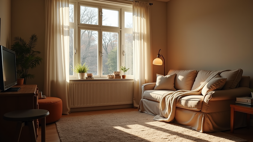 Eye-level view of cozy photography studio with soft lighting