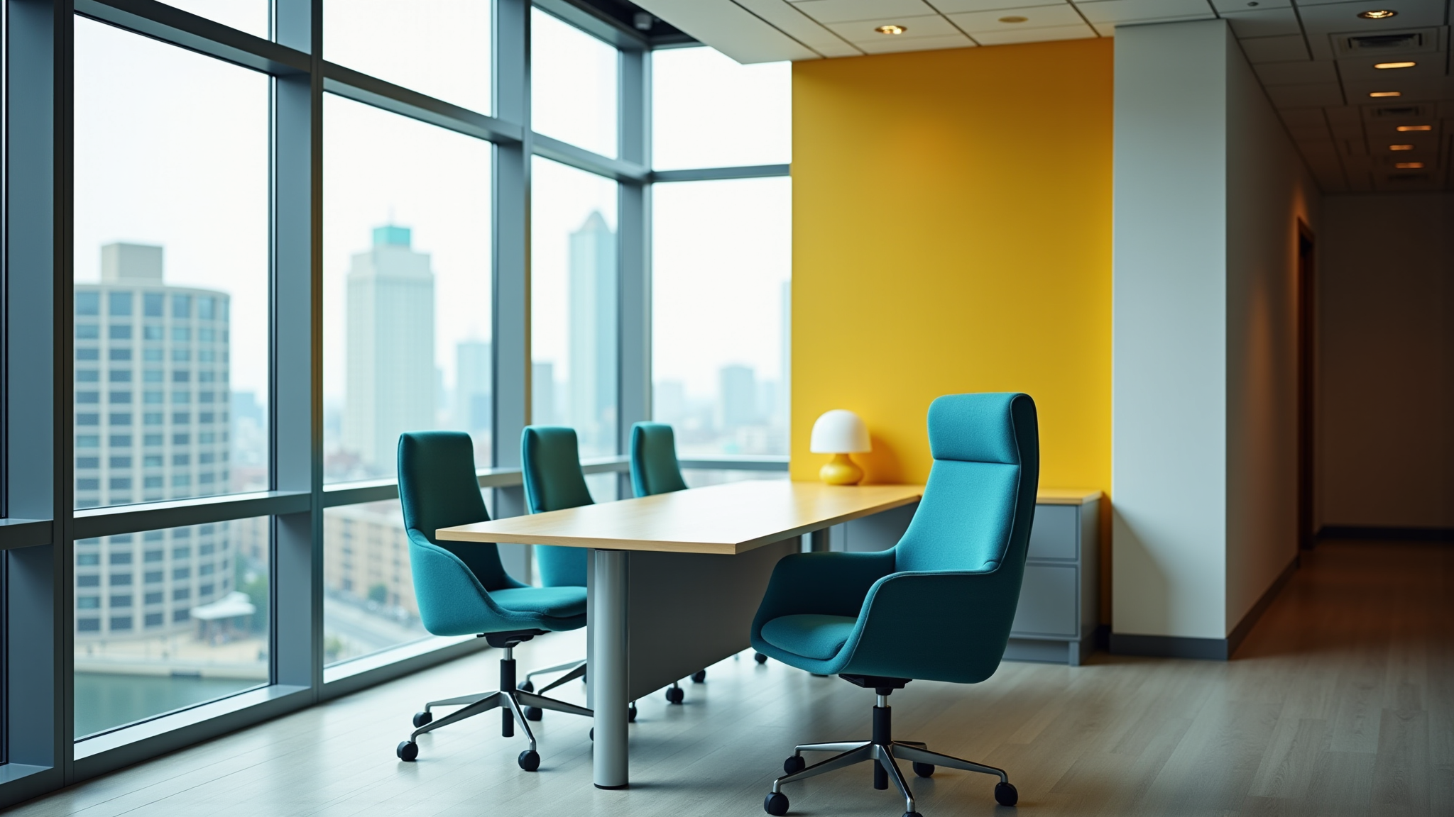 A meeting room in an high rise corporate office.