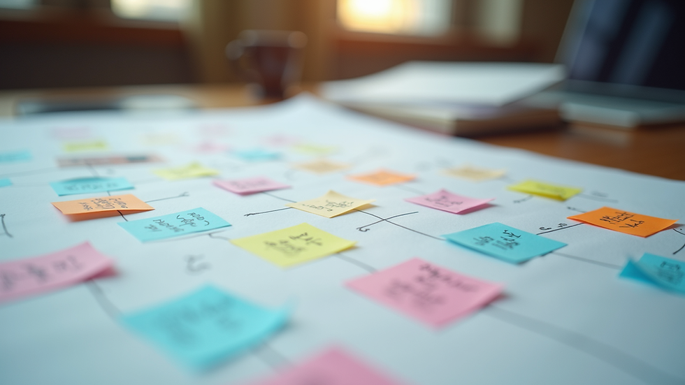 Close-up view of colorful mind maps and notes spread on a study table