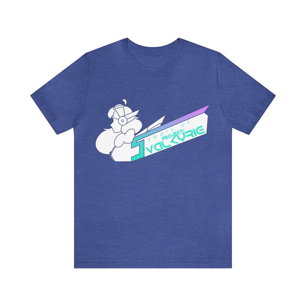 Thumbnail: A blue shirt with a white logo on it