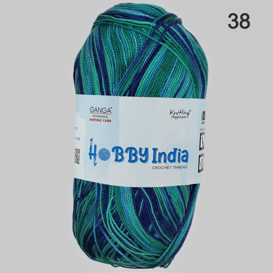 Ganga Hobby India Acrylic Crochet Thread - Shade No: 38 Multicolor Green Blue