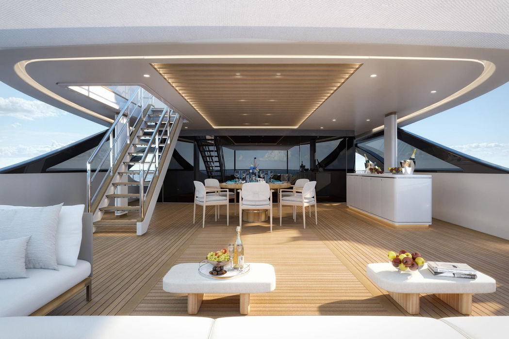 Luxury yacht XWave alfresco dining area on upper deck