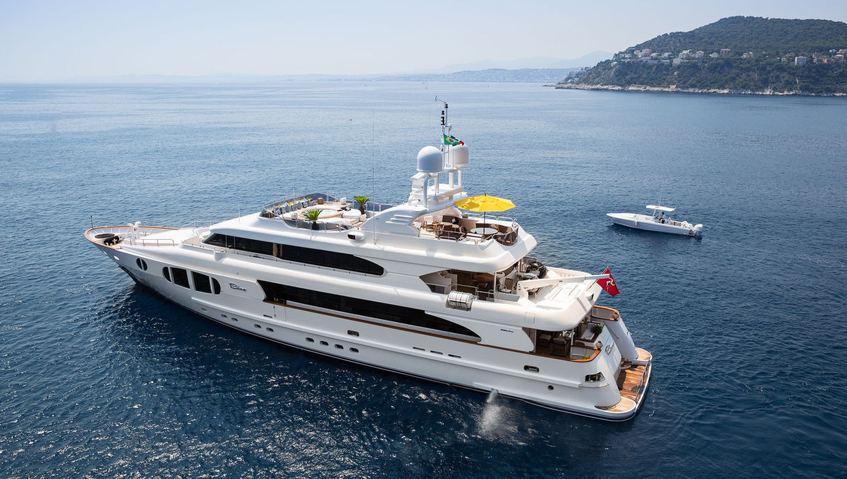 Aerial view of M/Y Bina anchored in clear Mediterranean water during a Riviera charter