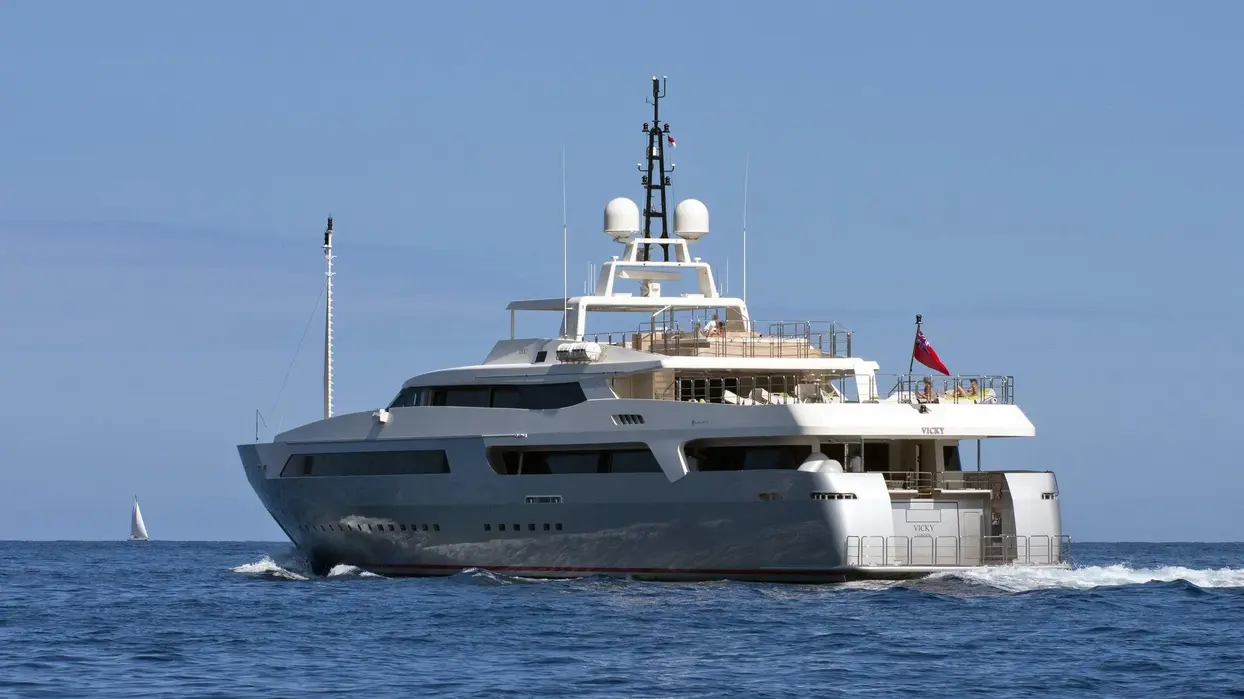 The Vicky superyacht underway near Cannes with calm blue waters and elegant lines, ideal for a private charter in the South of France.