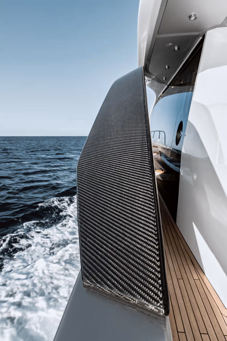 Teak side deck walkway on the Azimut S8 with stainless-steel railing.