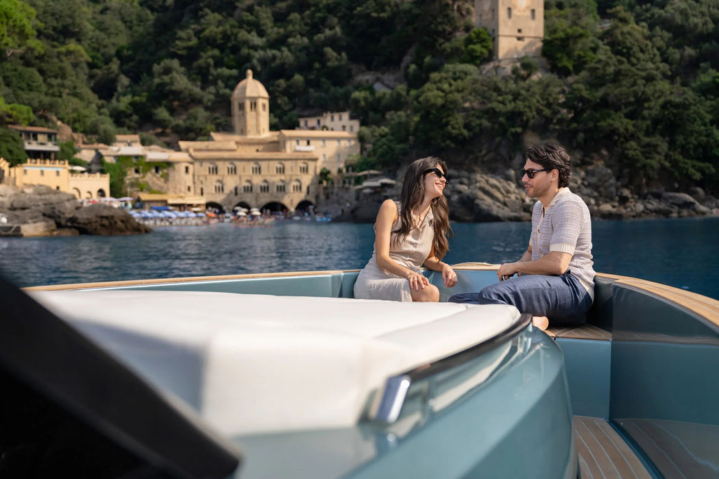 Bow lounge of Pardo 43 yacht featuring cushioned sunbeds with a sea view