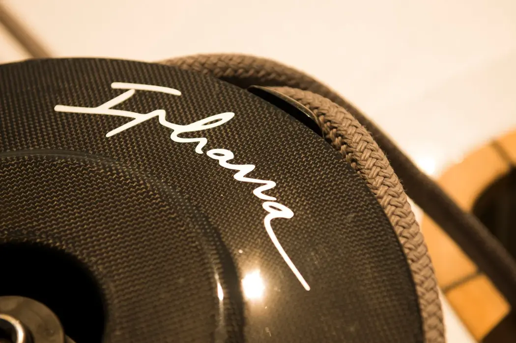 Branding detail of Ipharra sailing yacht displayed on deck equipment