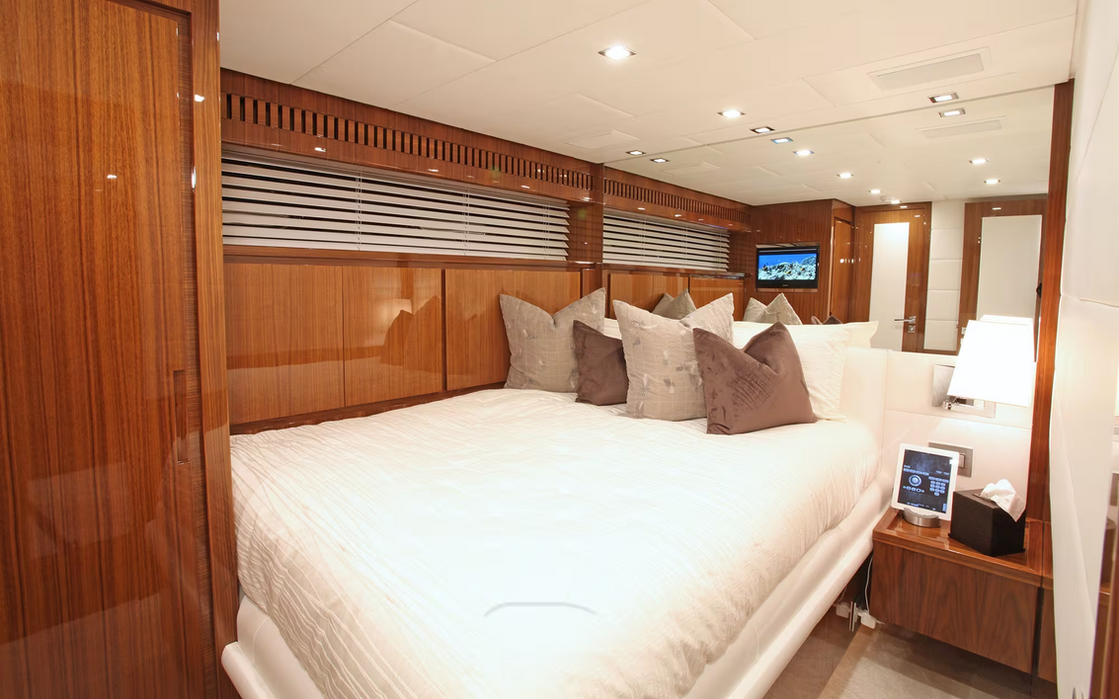 Master cabin of Phoenician yacht prepared for overnight Riviera charters