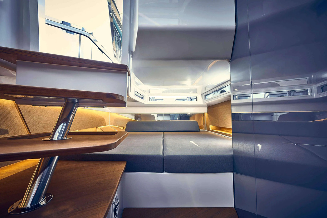 entry to cabin salon on frauscher 1414 demon air featuring wood accents and sleek interior styling