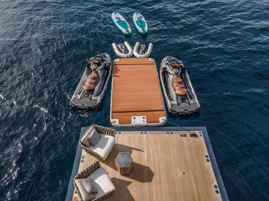 Severin’s superyacht swim platform set with seabobs and tender access, perfect for charter days around Cannes and Antibes.