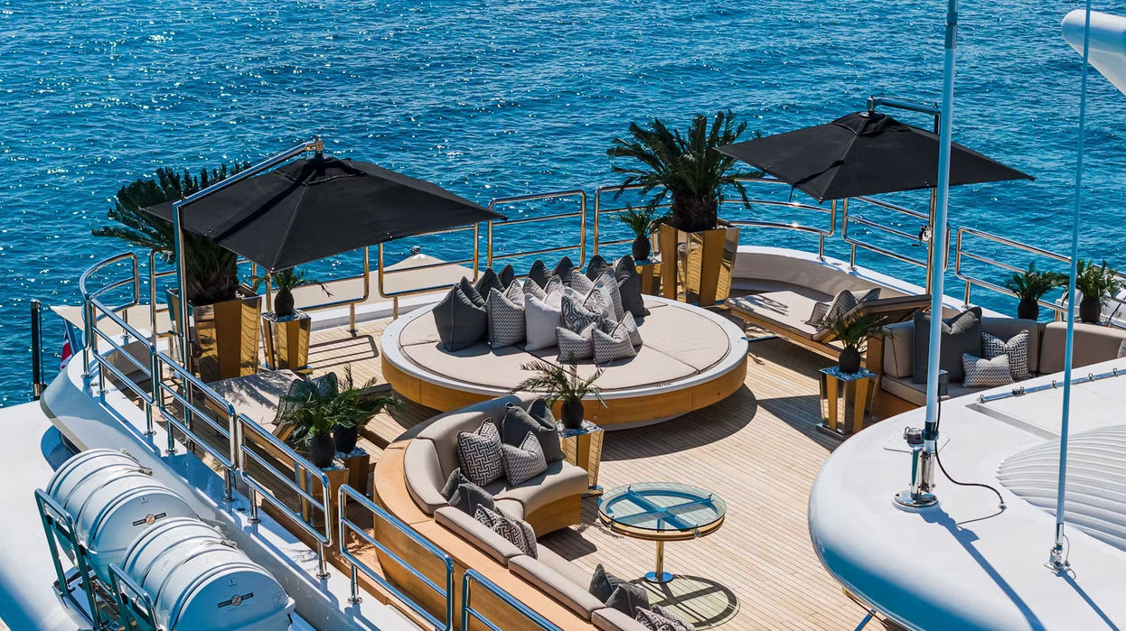 Beach club setup on Sealion with loungers and direct sea access.