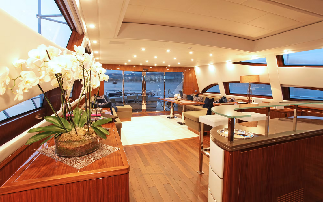Interior lounge of Phoenician yacht designed for social time during multi day Mediterranean charters