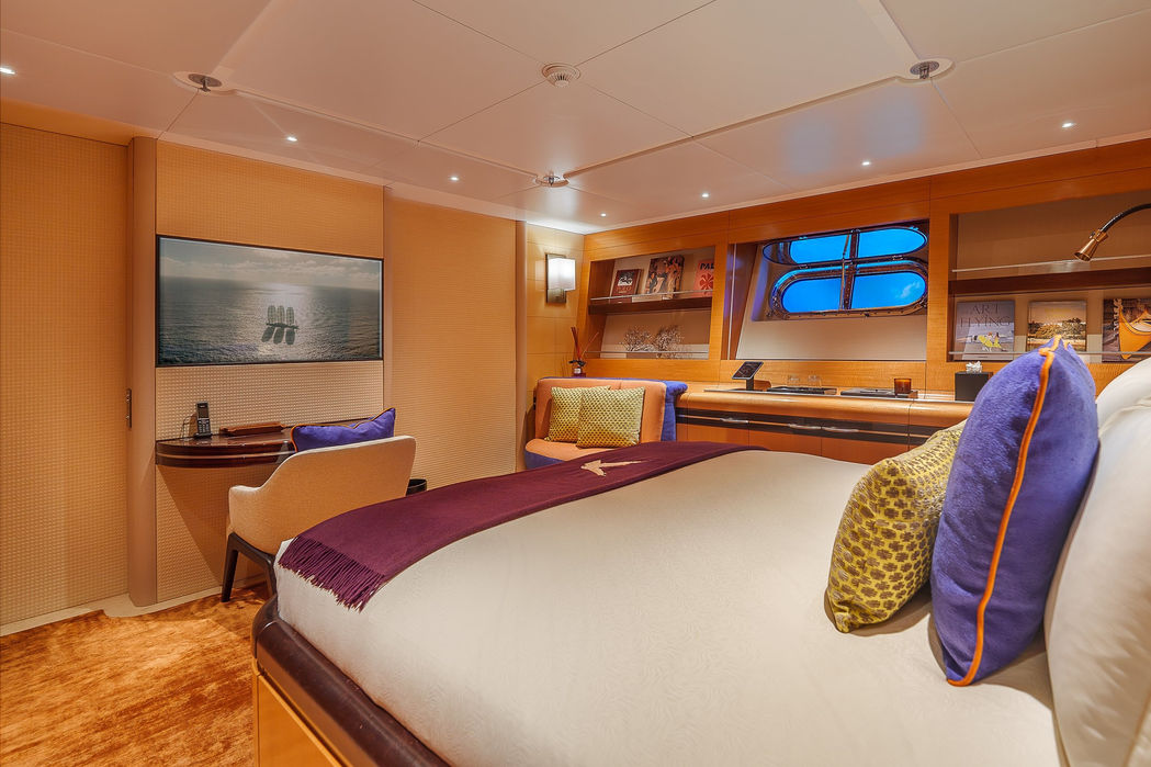 Double guest cabin on the Maltese Falcon featuring neutral tones and soft lighting.
