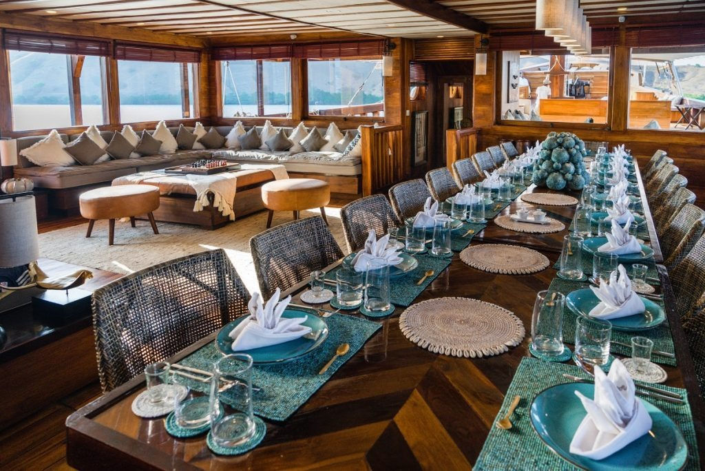 Formal dining setup onboard Prana by Atzaro luxury yacht in Indonesia