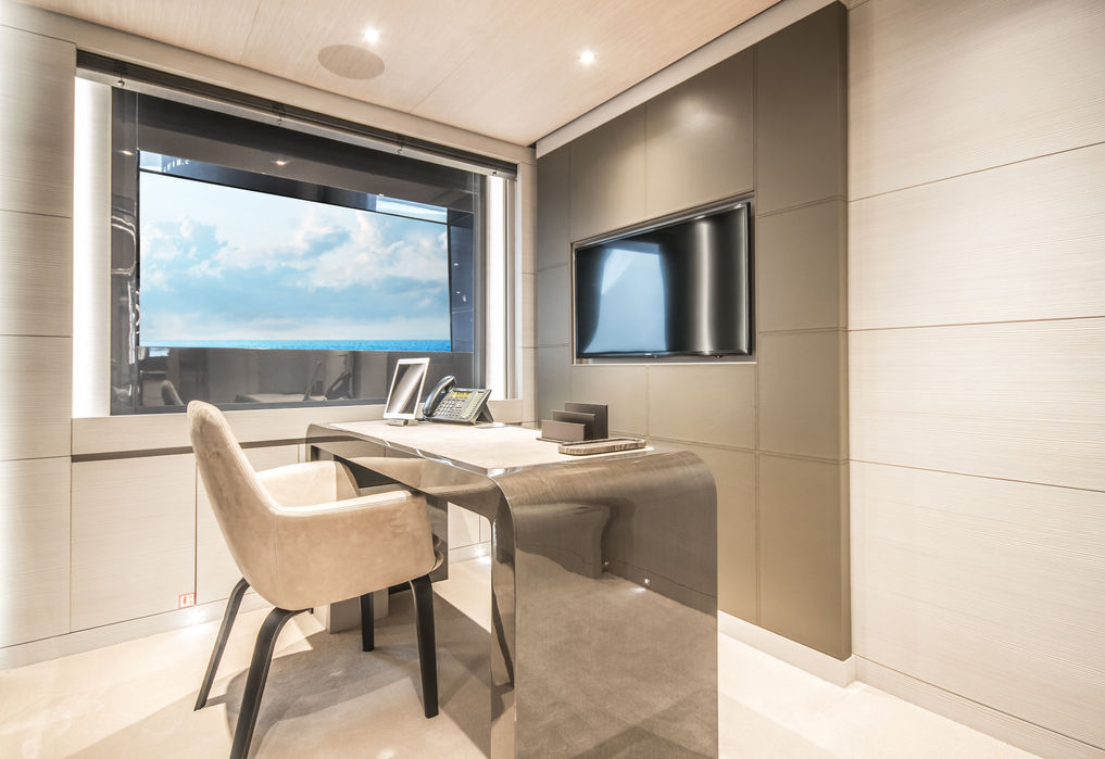 Office and workspace onboard Severin’s superyacht, ideal for business-friendly yacht charters around Monaco.