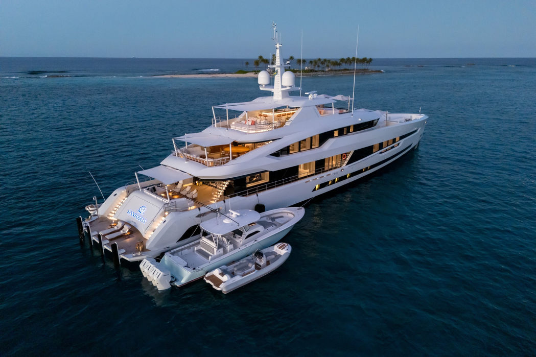 Aerial view of luxury yacht Santosha at anchor in turquoise Caribbean waters