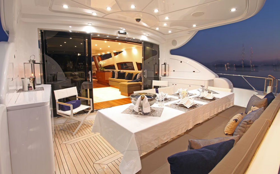 Open salon layout of Phoenician yacht with seamless indoor outdoor access
