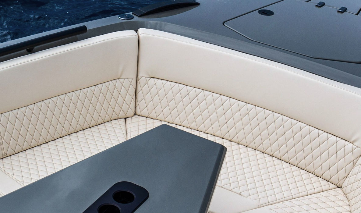 Bow lounge area of the Vanquish 40 set for Mediterranean relaxation