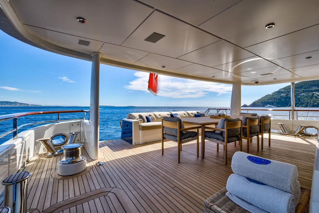 Luxury yacht Deniki upper deck lounge seating and sea views