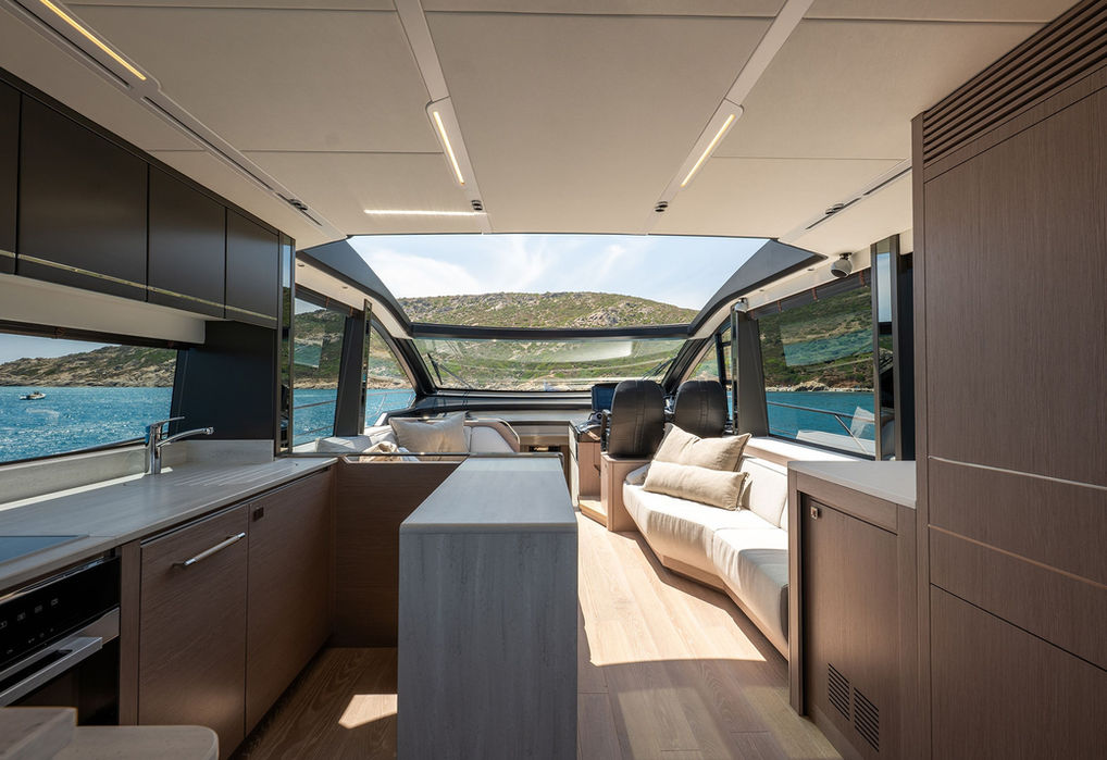 Main deck interior of Sunseeker Predator 65 with open layout and sea views