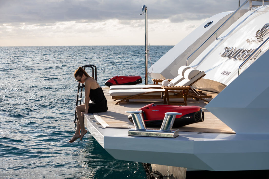 Santosha yacht swim platform with beach club and ocean access