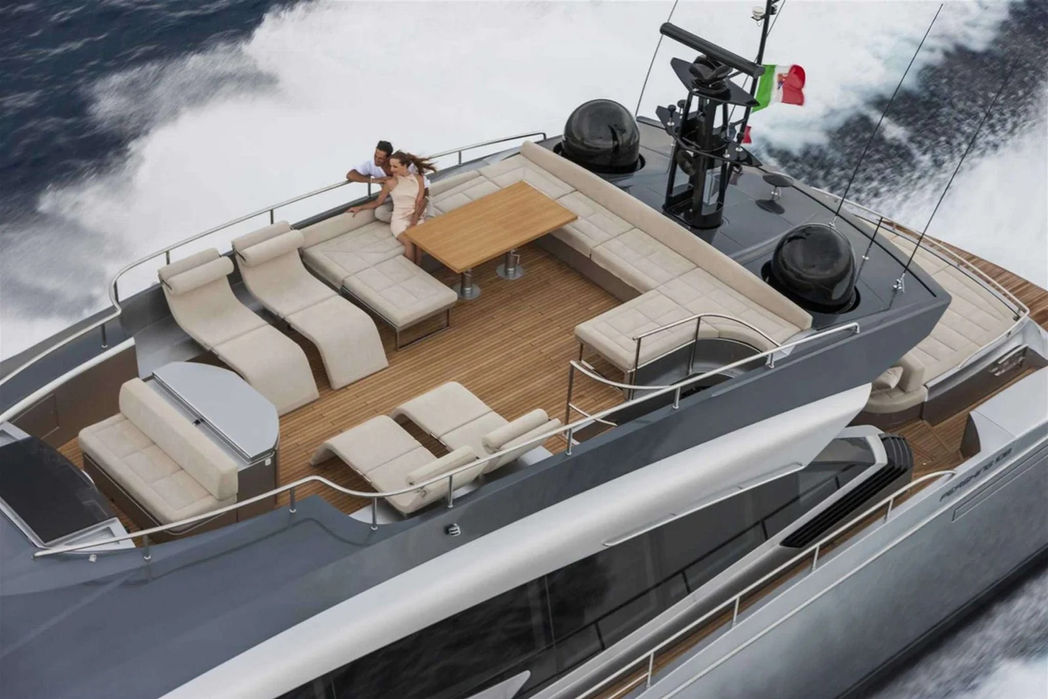 Rear sunpad and relaxation area on the Pershing 108 while cruising.