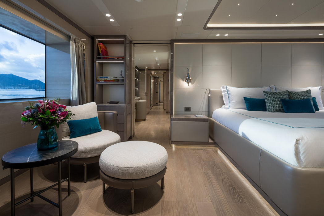 Stylish interior lounge aboard Birubi with contemporary furnishings.