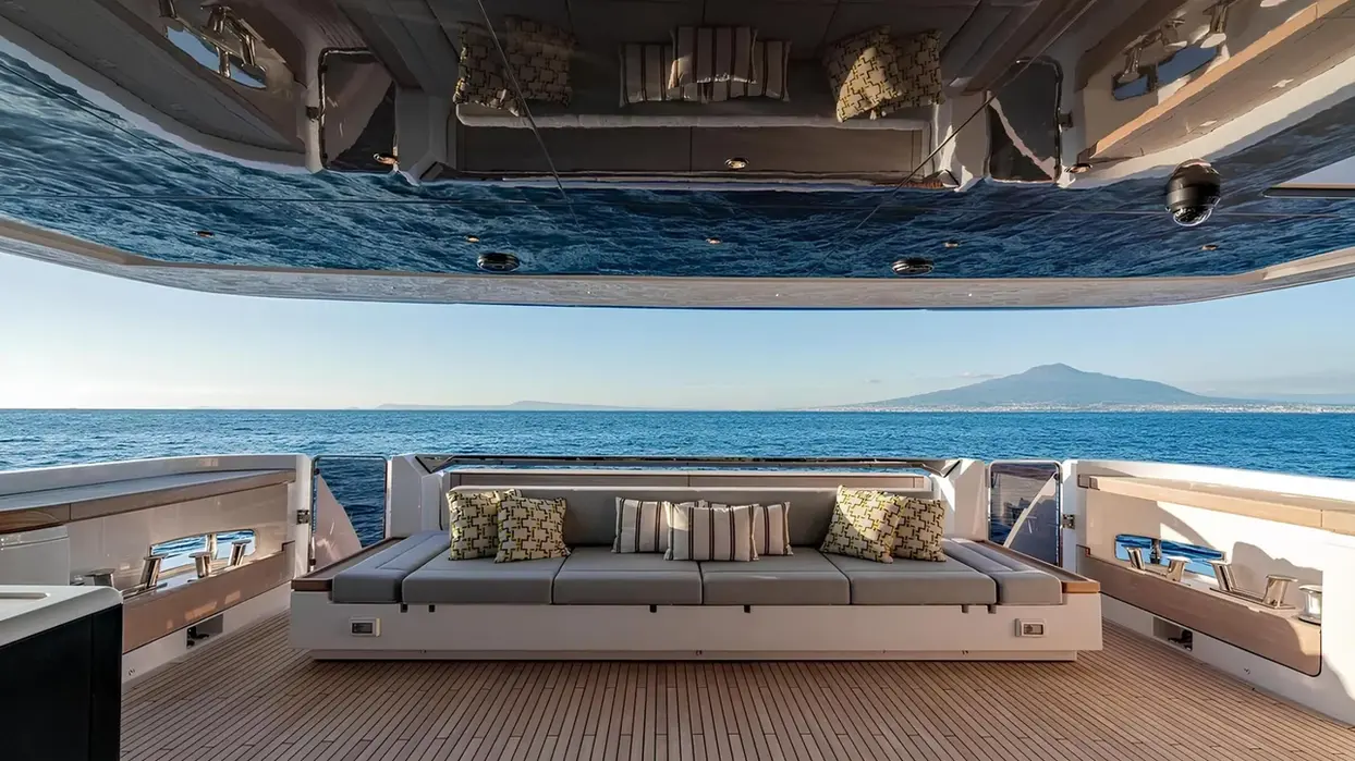 Aft deck lounge on Marican Forever with panoramic sea views and plush seating.