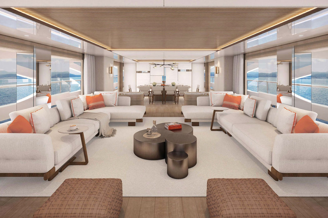 Luxury yacht XWave spacious main lounge with elegant decor
