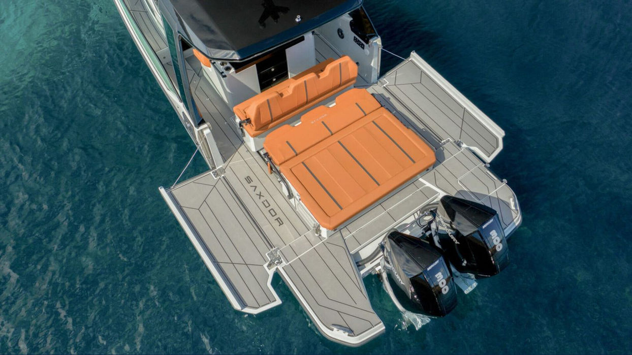 Overhead view of the Saxdor 320 GTO stern platform on the French Riviera