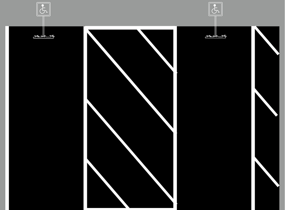 This sketch describes two accessible spaces with an access aisle between them. The excess width slope exceeded 2% so we recommended adding a stripe at the required width and hatch lines to indicate the space was not part of the accessible space.