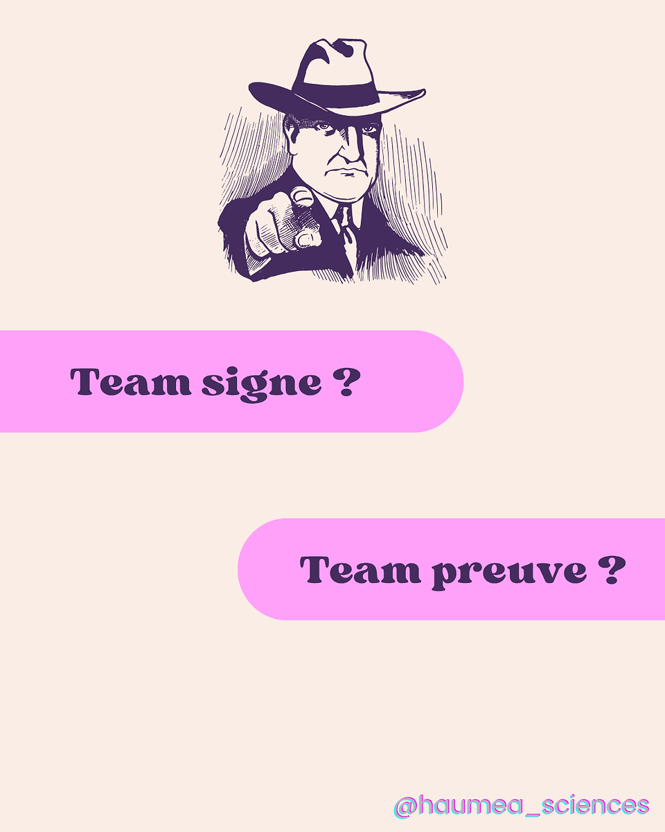 Dernière slide : illustration vintage d’un homme pointant du doigt, texte : “Team signe ?” ou “Team preuve ?”. Invitation à interagir avec le carrousel.