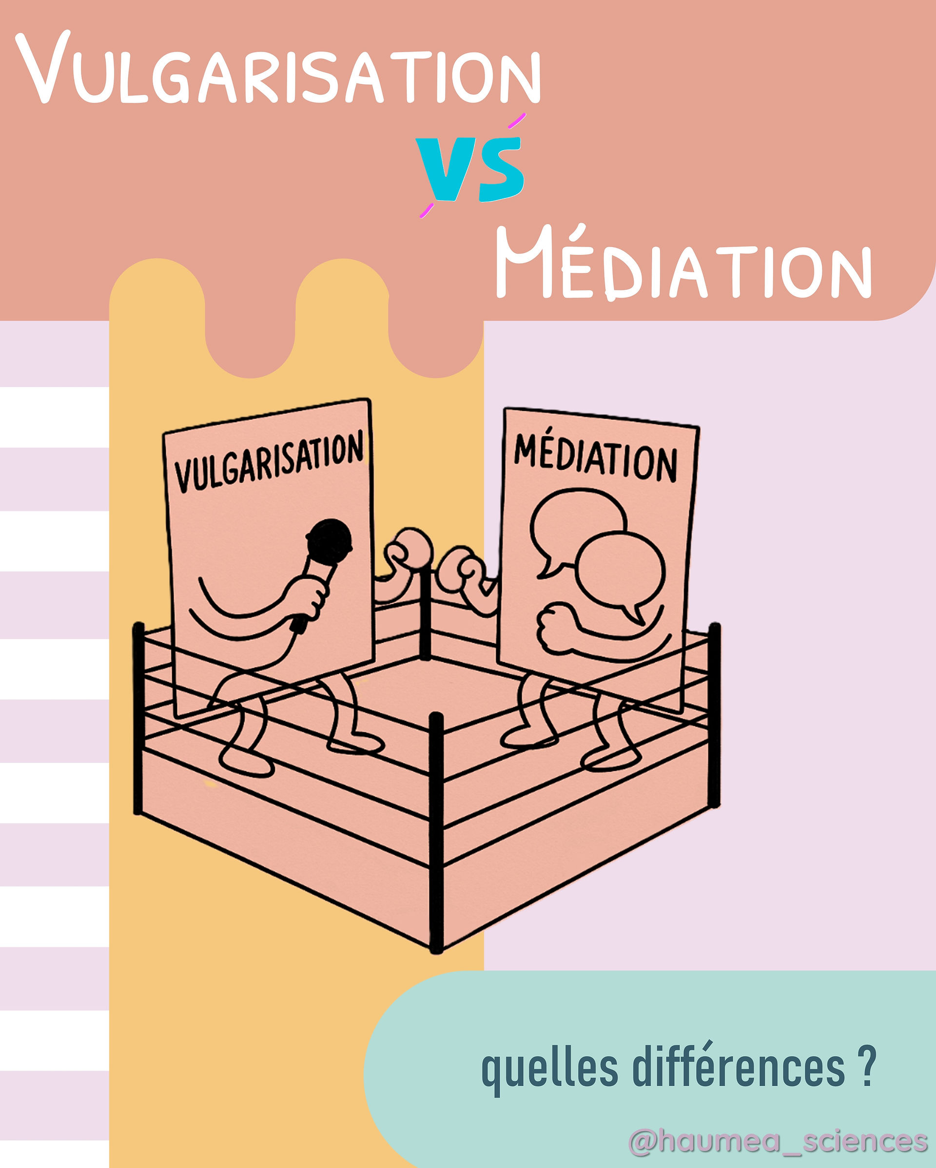 Illustration de deux affiches anthropomorphes, « Vulgarisation » et « Médiation », qui s'affrontent dans un ring de boxe, symbolisant leur confrontation conceptuelle.