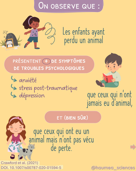 Résultats de l’étude : les enfants ayant perdu un animal présentent davantage de troubles psychologiques (anxiété, stress post-traumatique, dépression) que les autres groupes.