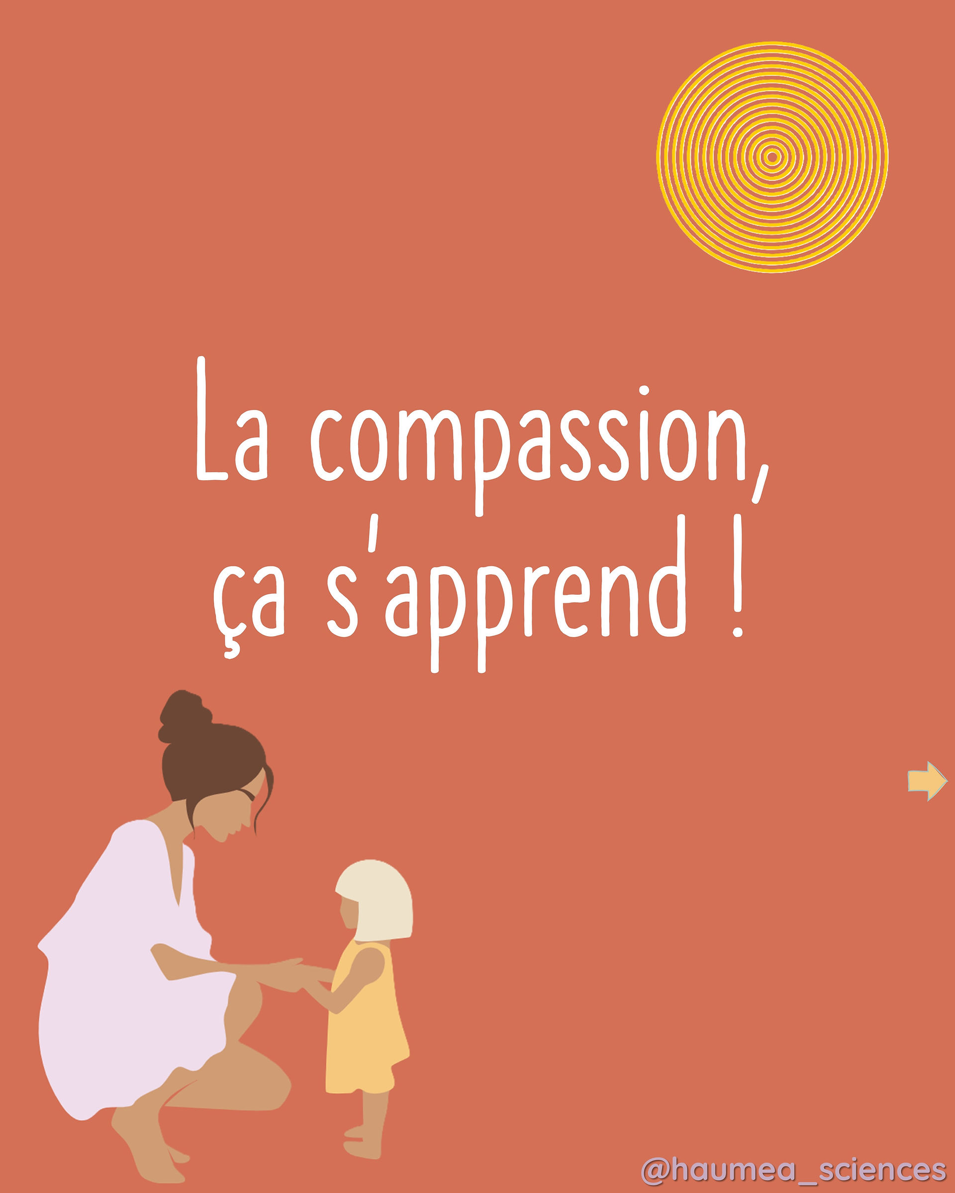 Illustration d’une mère et d’un enfant avec le message “La compassion, ça s’apprend !” Introduction à un contenu de vulgarisation sur l’éducation à l’empathie.