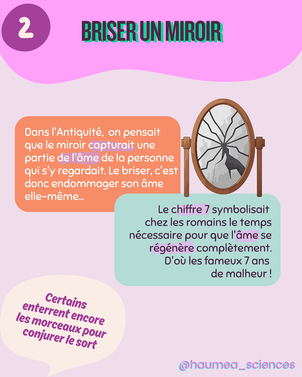 Image d’un miroir brisé. Explication de la superstition selon laquelle casser un miroir porterait malheur : croyance antique associée à l’âme capturée et au cycle de sept ans de régénération chez les Romains.