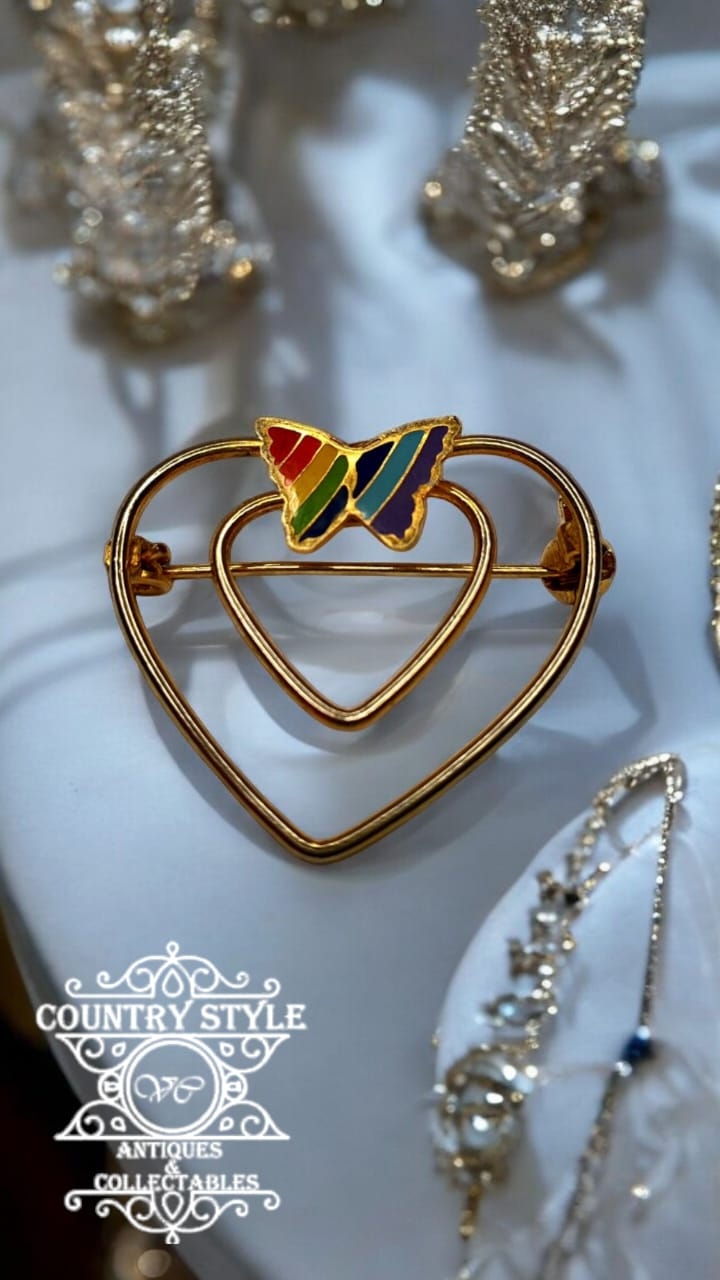 Thumbnail: Vintage Gold Heart With Enamel Rainbow Butterfly Brooch