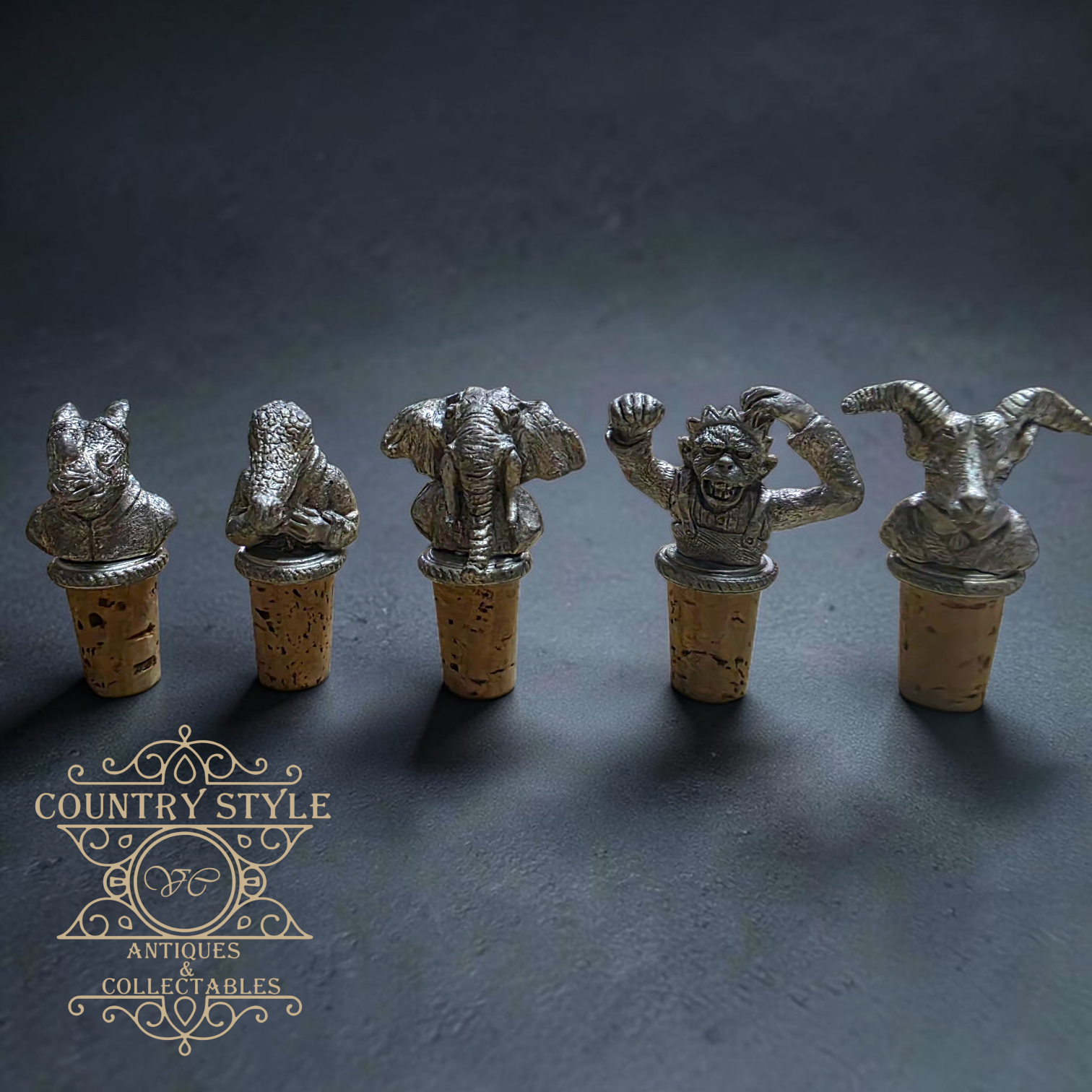 5 Anthropomorphic Pewter & Cork Safari Wine Stoppers
