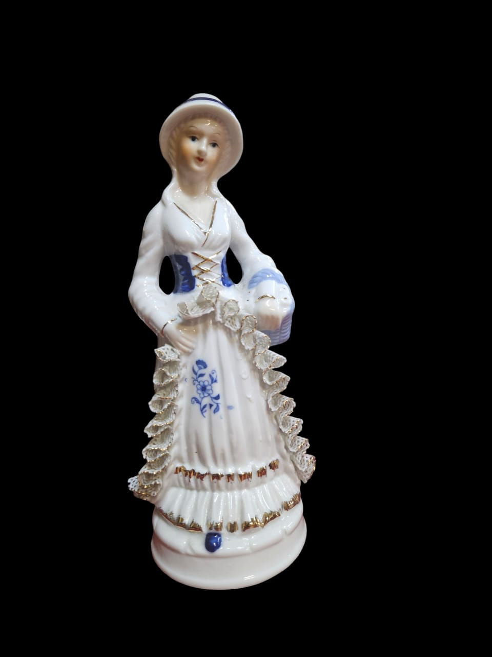 Thumbnail: Exquisite vintage porcelain figurine of a Victorian lady. Standing at 20x7x7cm